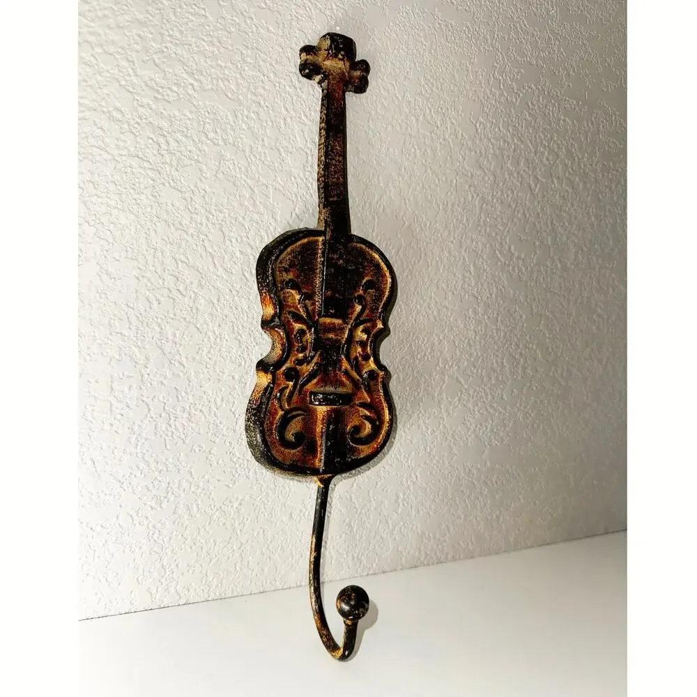 Vintage Cast Iron Violin Wall Hook – Rustic Bronze Patina – Music Room Decor